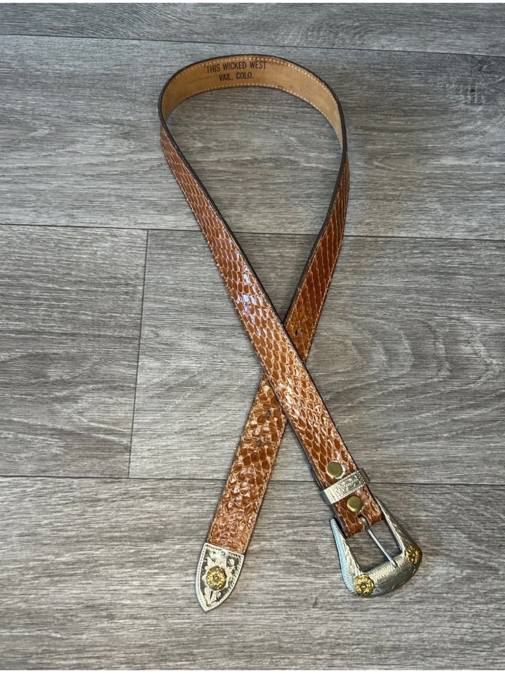 Vintage This Wicked West Genuine Snakeskin Belt German Silver Buckle Vail 34